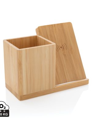 Organizator z brezžičnim polnilnikom – XD – Calgary bamboo 5W wireless charger with pen holder